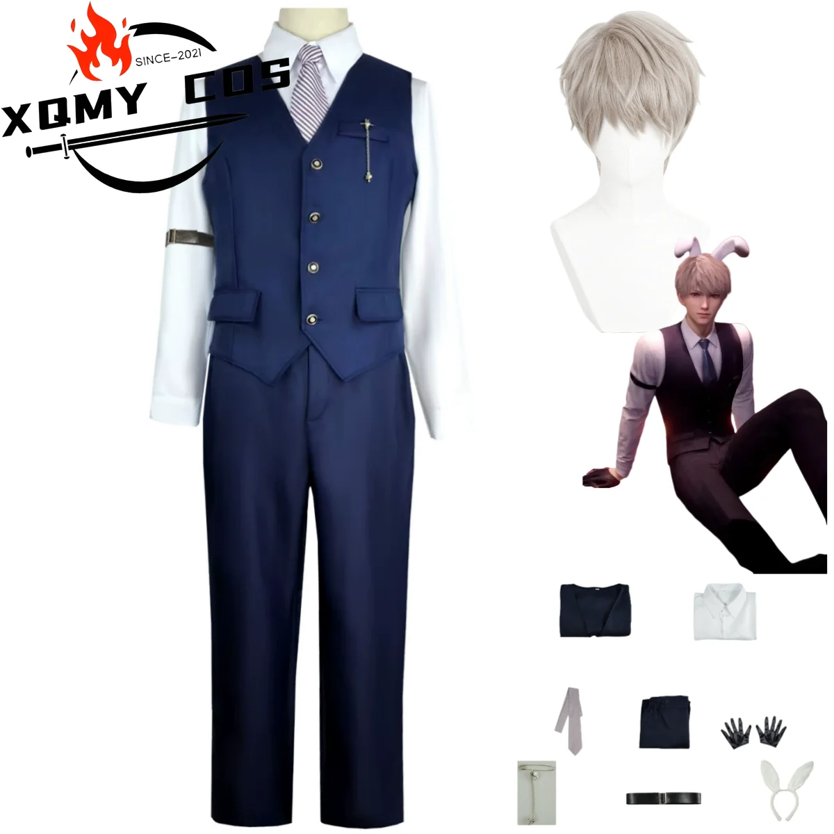 

XqGame Love and Deepspace Xavier Shenxinghui Cosplay Costume Rabbit Butler Work Uniforms Shirt Vest Wig Man Carnival Suit
