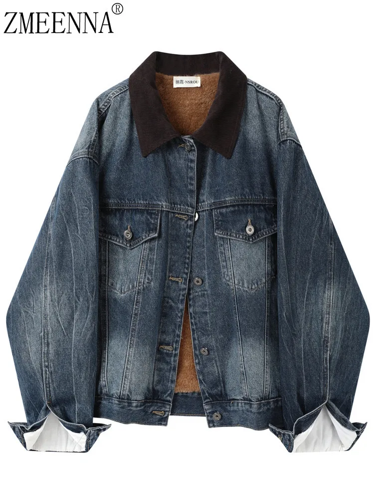 

ZMEENNA Womens Denim Jacket Faux Shearling Lined Oversized Full Button Down Warm Winter Outwear Dark Blue ZM4494