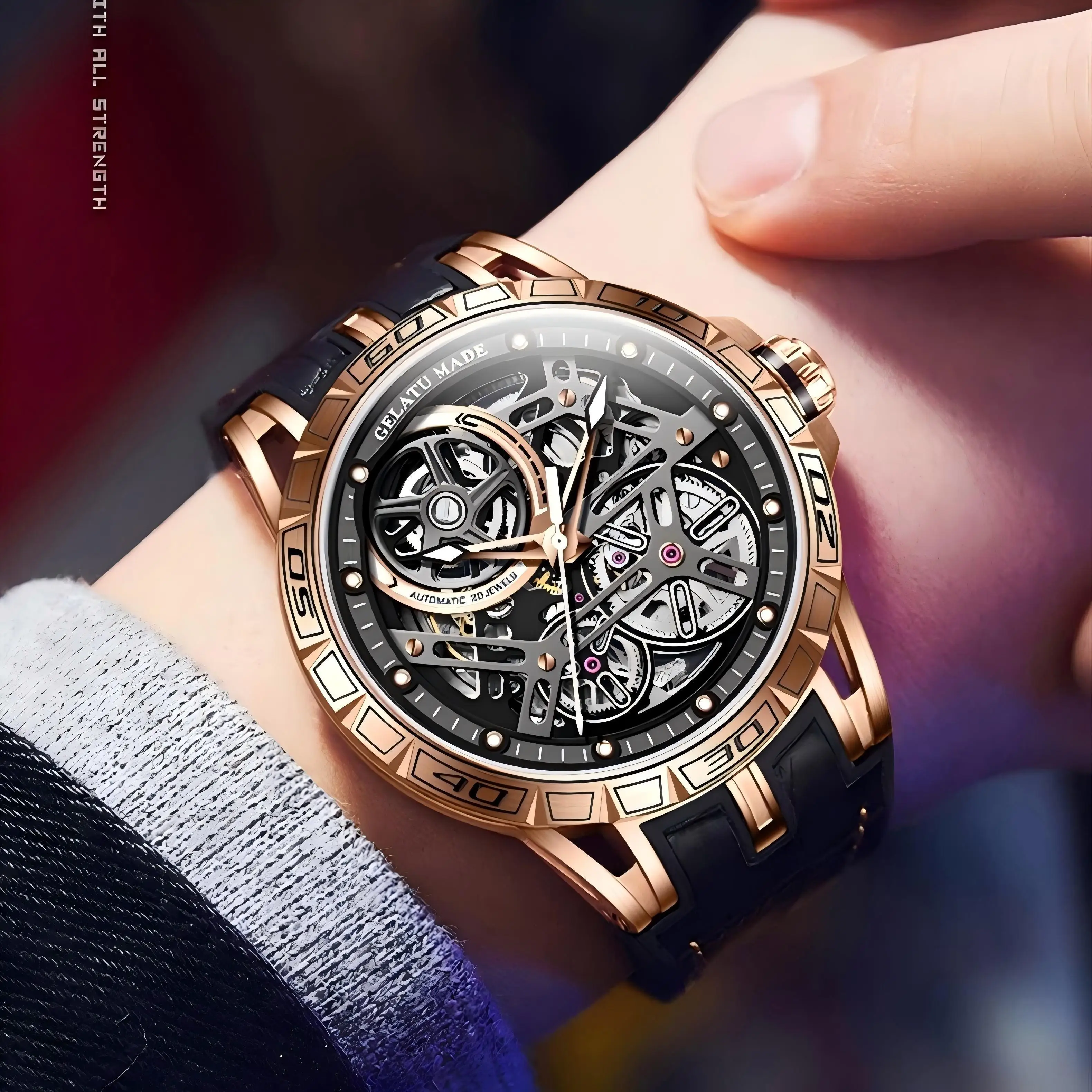 GELATU 6015 nowa gorąca luksusowa marka moda automatyczne zegarki mechaniczne męski skórzany pasek 3D drążą świecący szafirowy zegar
