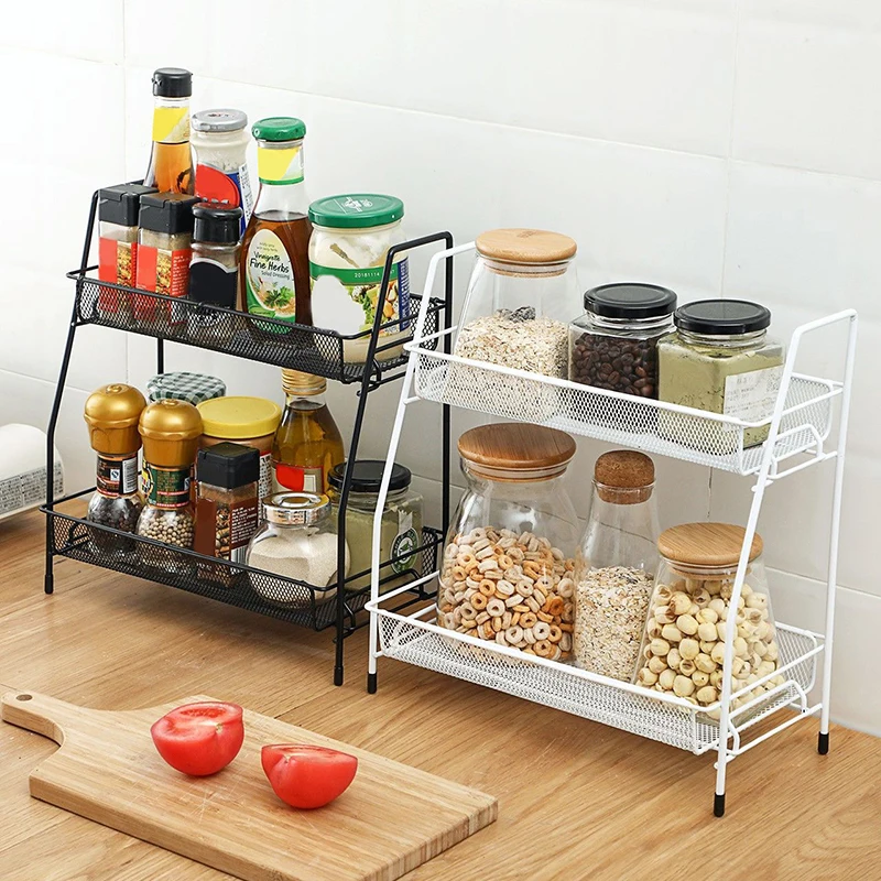 

Double Layer Iron Kitchen Storage Rack Wire Spice Organizer Metal Cosmetic Makeup Basket Holder Dish Drainer Bathroom Desk Shelf