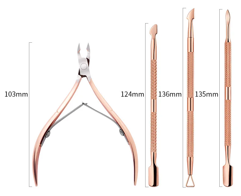 Stainless Steel Double Head Nail Art Dead Skin Pusher Cuticle Nipper Scissors Manicure Set Rose Gold UV Gel Remove 2/4Pcs/Set