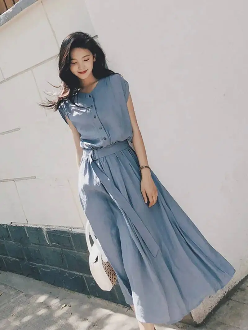 

Women Fashion Short Sleeve Dress Summer Elegant Party Vestidos Casual Mid-calf Sundress Femme Vintage OL Robe