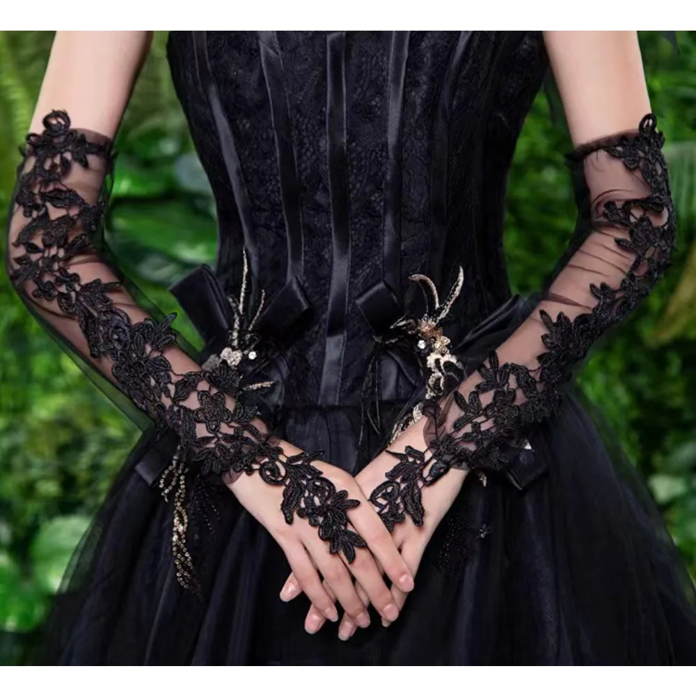 Braut Schwarze Spitzen-Partyhandschuhe Netzärmel Hochzeitskleid Halloween Lange Fingerfreie Ellbogenlange Transparente Handschuhe