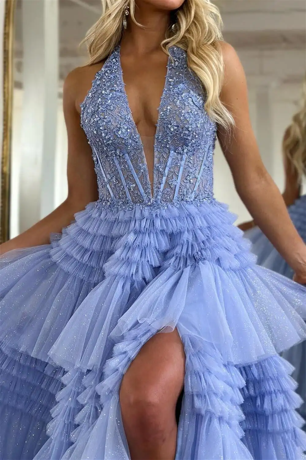 Appliques di Tulle rosa Halter Ruffle Tiered Prom Dress Princess Long Ball Gowns Evening Made Order Vestidos Robes De Soirée 2024