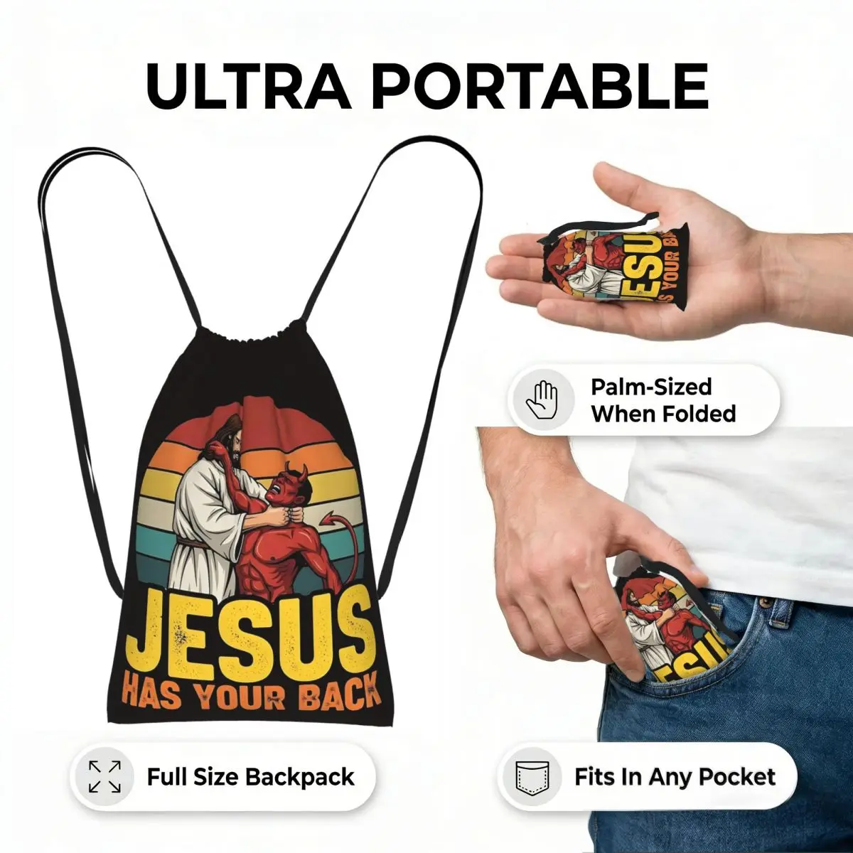 Jesus Has Your Back Jiu Jitsu Christian Drawstring Backpack Sports Gym Bag Lightweight Storage Drawstring Bag for Men Women