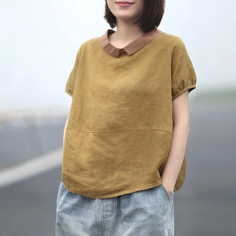 Summer New Korean Commute Pure Cotton Shirts Women\'s Solid Color Loose Spliced All-match Casual Lapel Short Sleeve T-shirts Tops