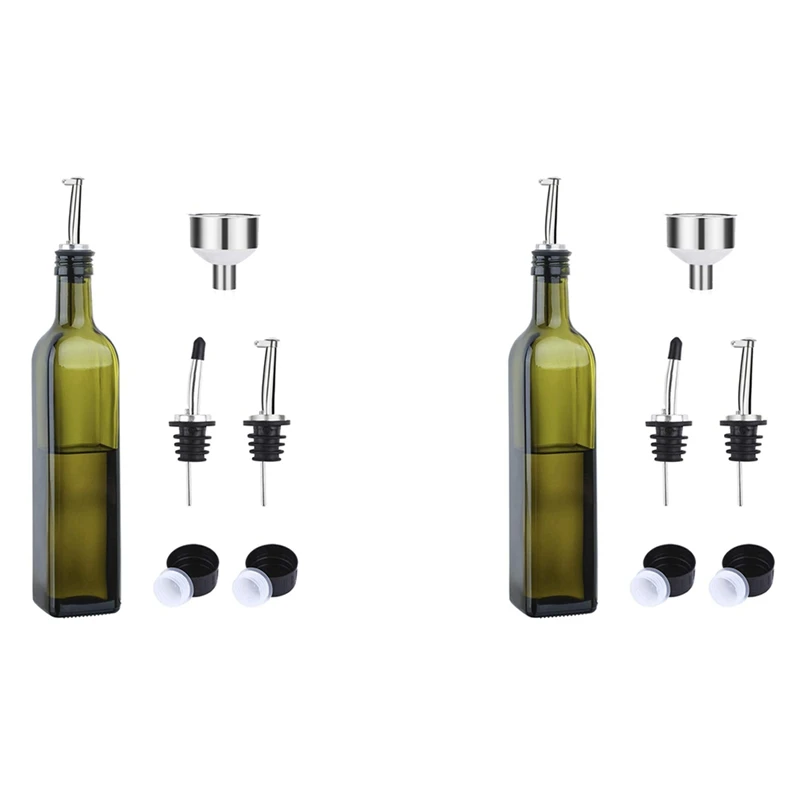 

2X Glass Olive Oil Bottle-500 Ml Green Oil And Vinegar Bottle With Pourer And Funnel-Olive Oil Carafe