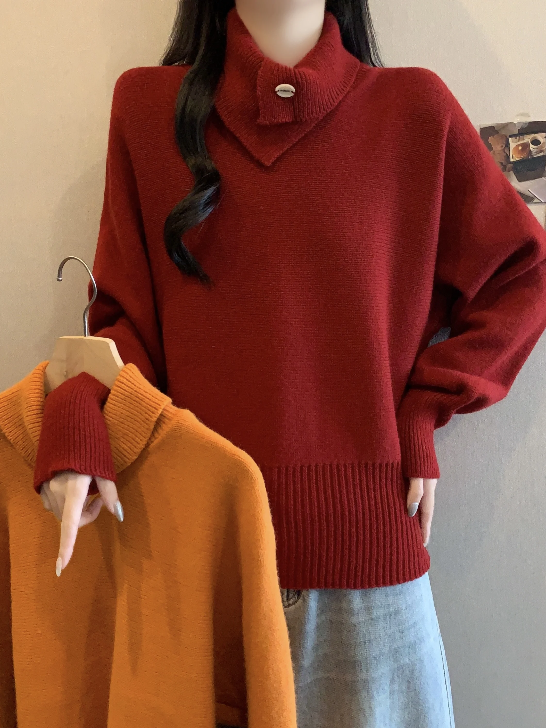 

Detachable Scarf Long Sve Women's Sweater New Year Red Big Size Dopane Knitted Top Autumn Winter Faion Commute Sle