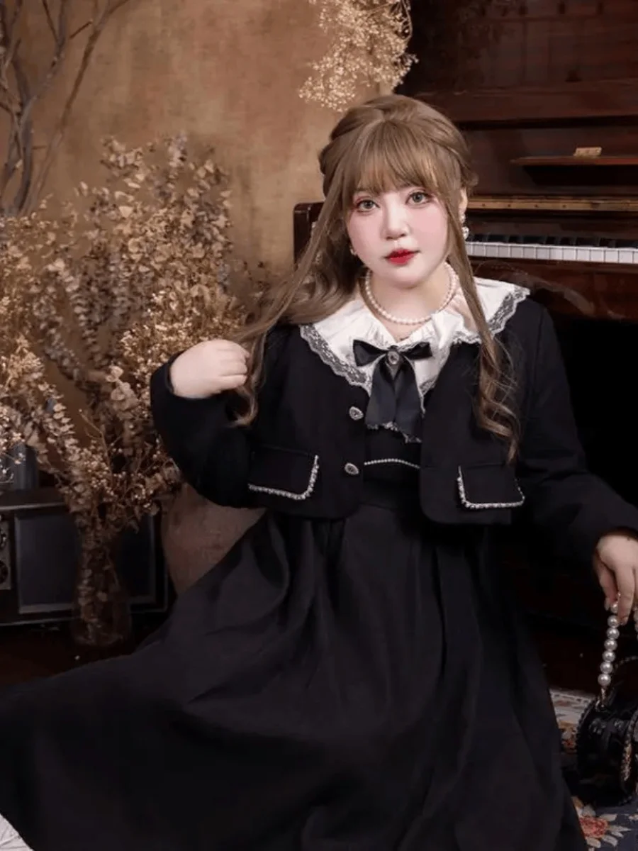 L-4XL Grote maat dames lente nieuwe Lolita lange jurk Slanke kant Hoge taille Lange mouw Prinses Dagelijkse jurk Zwarte korte jas