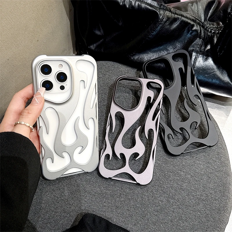 3d Hollowed Fire Flame Shockproof Case For Iphone 16 11 12 13 14 15 Pro Max Plus Iphone16 16pro 15pro 14plus Silver Soft Cover