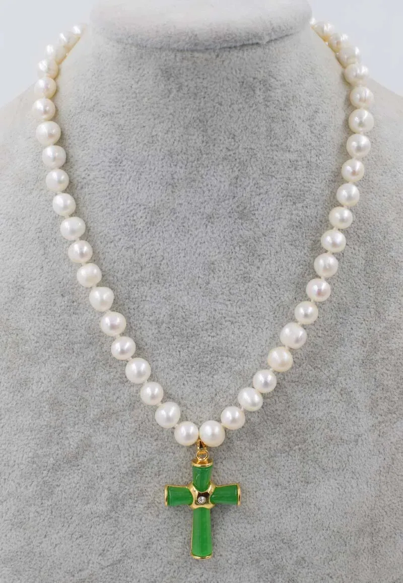 

freshwater pearl near round white 8-9mm necklace +green jade cross pendant 45CM nature FPPJ wholesale beads