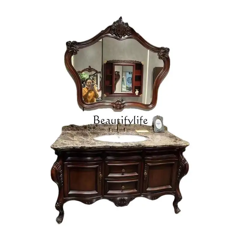 

European bathroom cabinet Oak hand washbasin cabinet Floor-to-ceiling washtable Solid wood antique bathroom cabinet Marble table