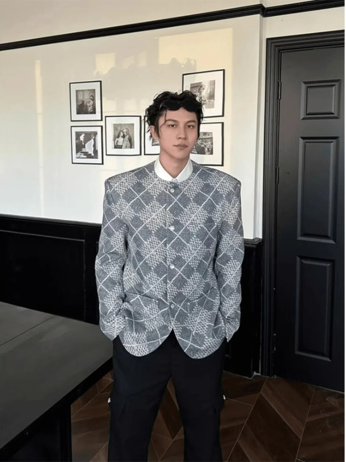 

Korean Sle Quilted Floral Embroidery Jaet Men's Spring High-End Feel Cool oulder Pad Collarl ort Zipper Jaet