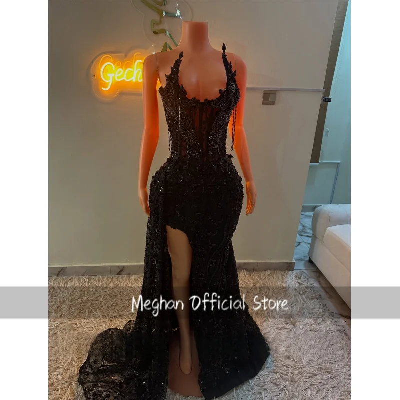 

Luxury Black Bead Lace Prom Dresses 2025 With Tassels Sequined African Women Formal Wedding Party Dress Evening Gowns Customized