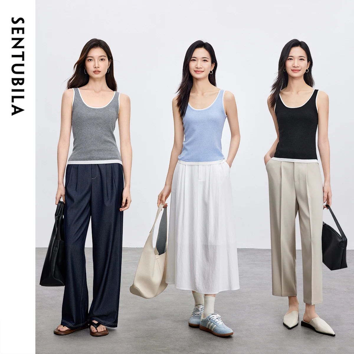 

SENTUBILA Basic Tanks Tops Women 2025 Spring Summer Sport Spliced U Neck Sleeveless Knitted Slim Fit Ladies Tops W52I59245