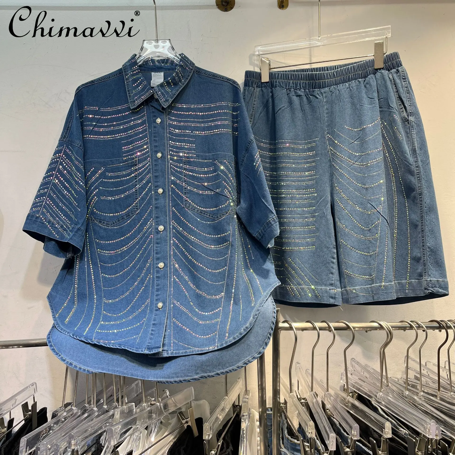 

Summer New Heavy Hot Diamond Short-sleeved Denim Shirt and Shorts Set Women's High-end Wide-leg Large-size Pants Two-piece Set