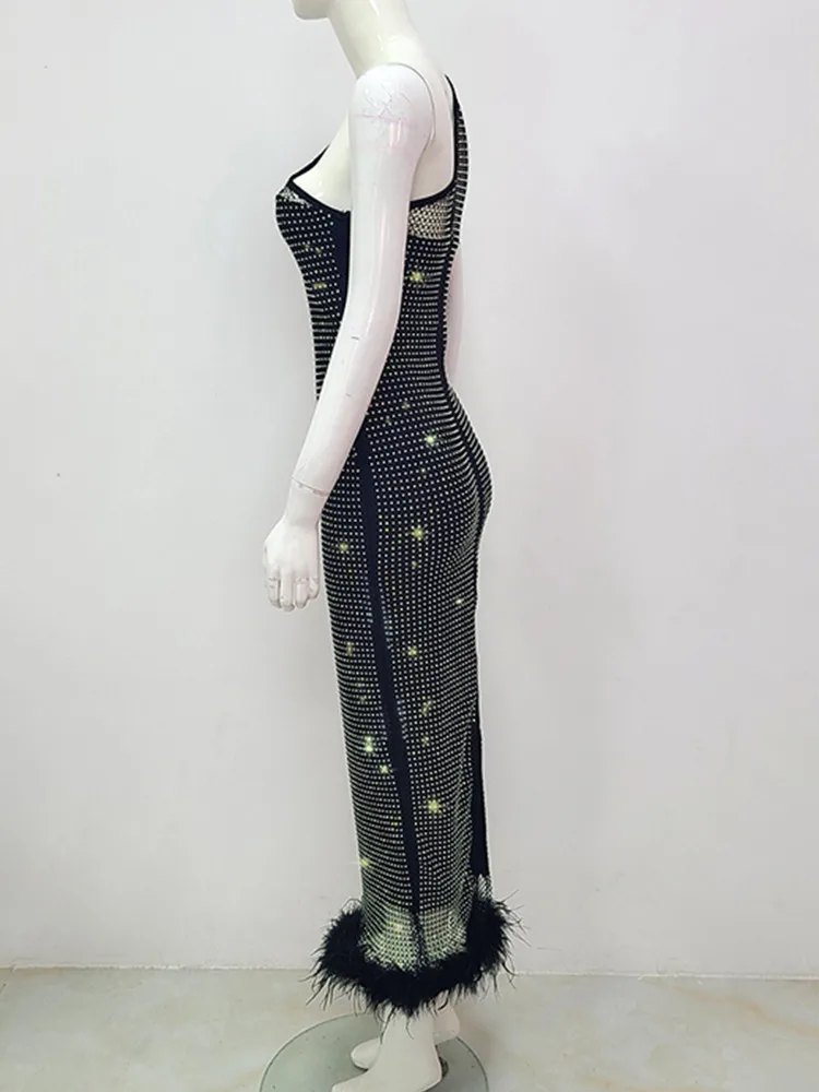 Vestido Bandage Midi negro con plumas de un hombro para mujer, vestido Sexy a la moda, con diamantes de cristal, elegante, para fiesta y Club nocturno, 2023