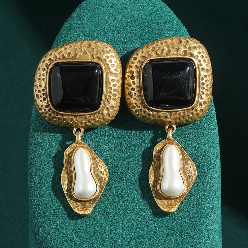 

Vintage Pearl Earrings 18k Real Gold Color Black Square Natural Stone For Woman Drop Accessories Luxury Designer Jewelry 2025