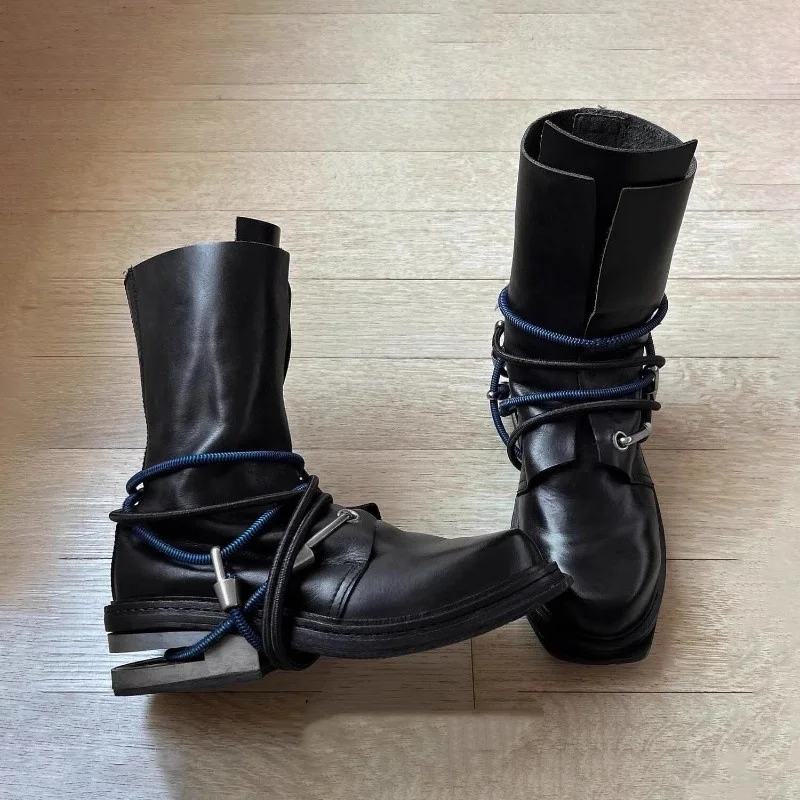 90S Retro Black Boots Cable Climbing Hooks Decorative Short Boots Mid Calf Boots Metal Heels Ankle Boots image 2