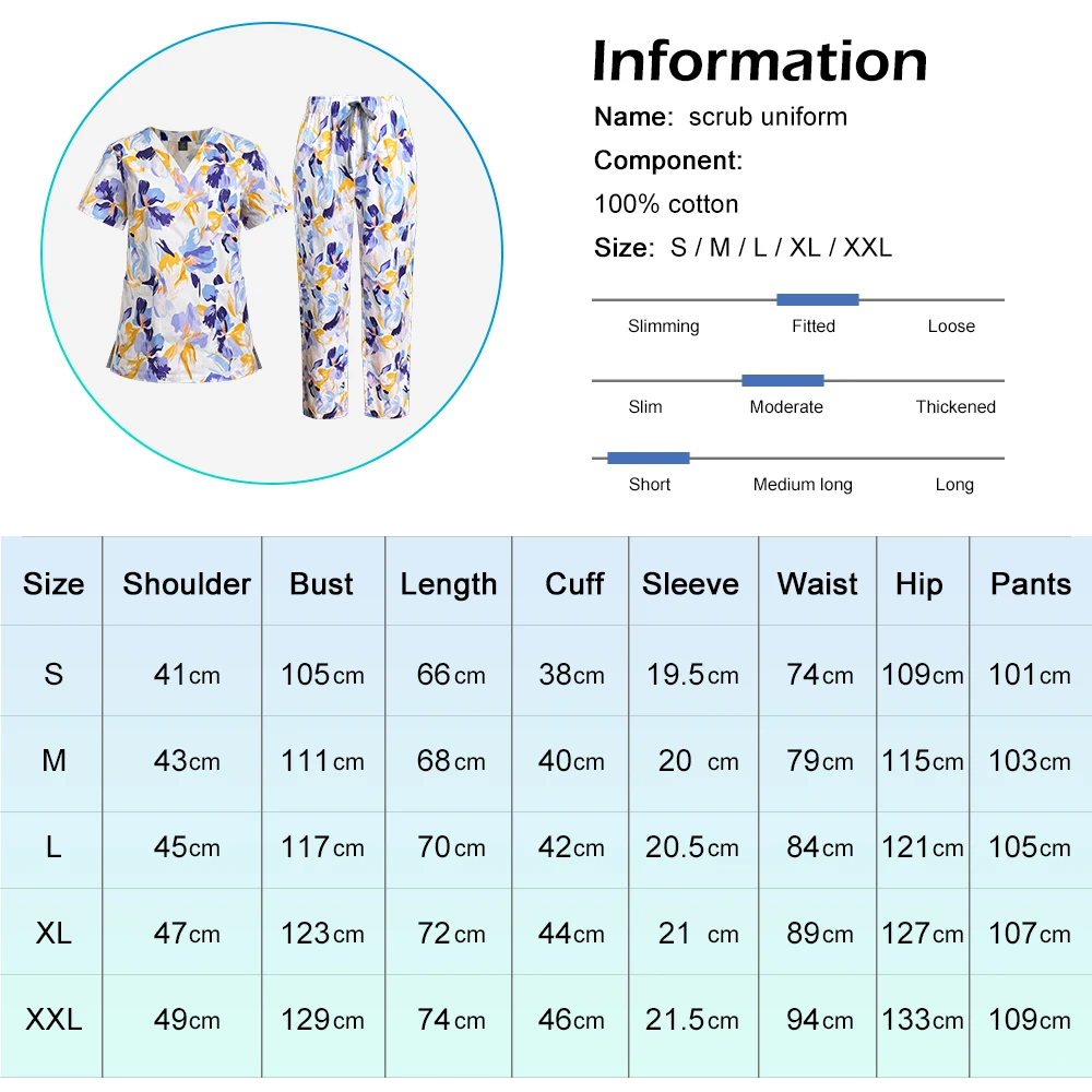 Printed Pattern Nurse Uniforms Scrub Sets for Women Hospital Uniform 100% Pure Cotton Soft Nursing Work Wear Clinic Lab Top Pant
