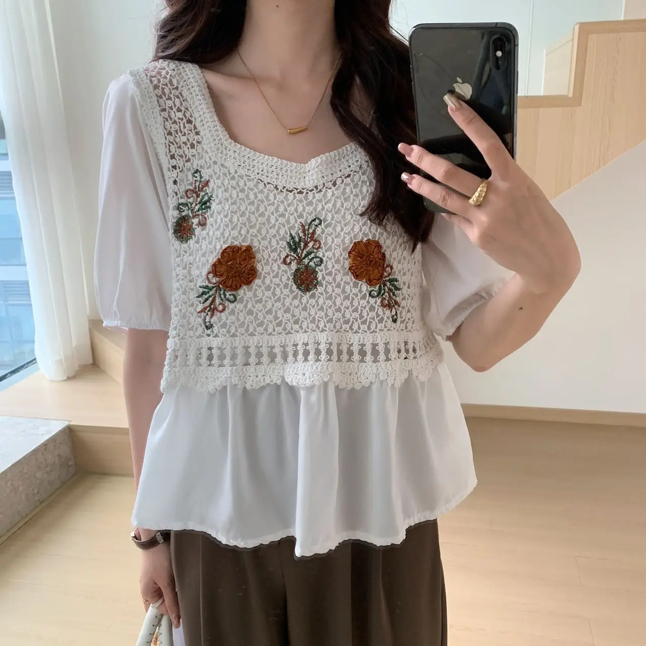 Women Blouse Embroidery Floral Crochet Top Puff Sleeve Square Neck Babydoll Top Summer Women Teen-girl Fairycore Outfit