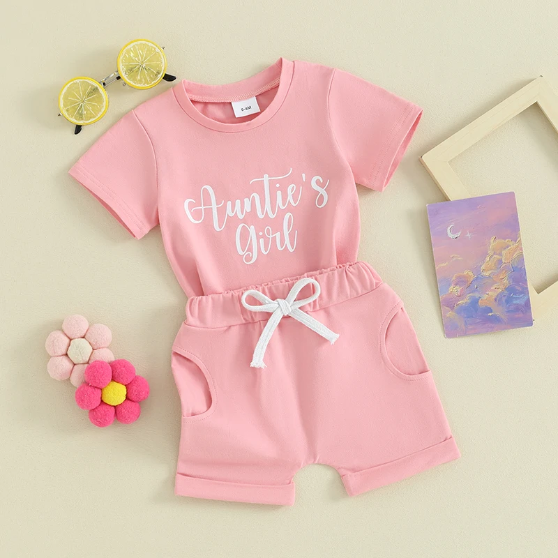 Baby Boy Girl Summer Outfit Aunties Bestie Shorts Sleeve T Shirt and Elastic Waist Shorts 2pcs Toddler Clothes Set