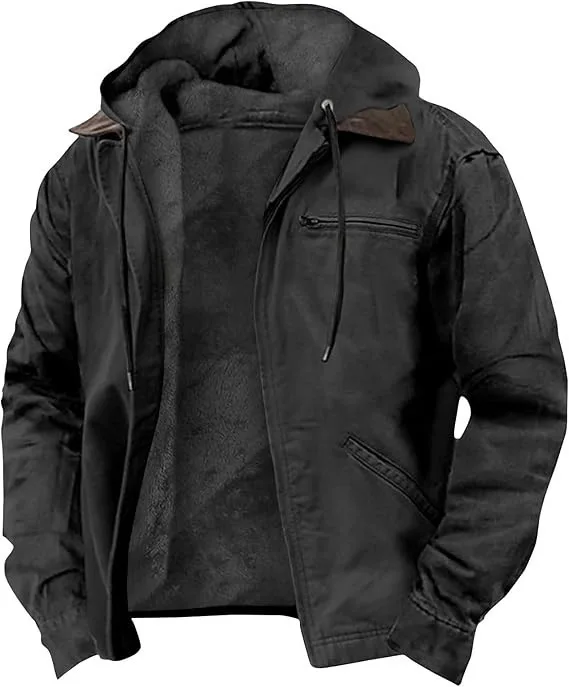 Men's Solid-Color Hooded Cotton Jacket Casual Trendy Fleece Zipper Pocket Winter Coat for Outdoor Wear