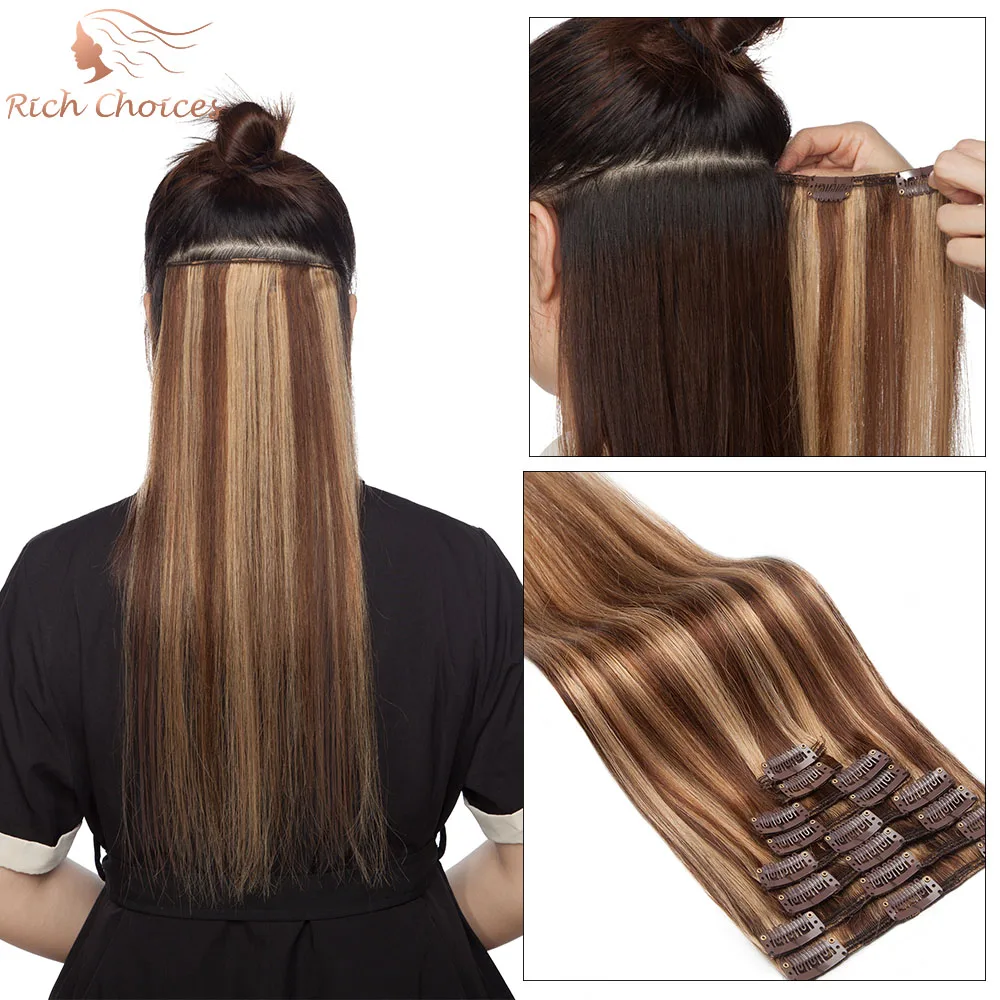 Rich Choices 8Pcs Clip In Hair Extensions Real Human Hair Ombre Color Hairpins Clip In Hair Extension 10-24 Inch 50G-80G