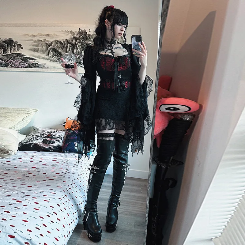 الظلام القوطية غير النظامية الدانتيل سترة 2025 جديد كل مباراة متوهج كم بلوزة الإناث ملابس حريمي المتضخم تي شيرت القوطي #3