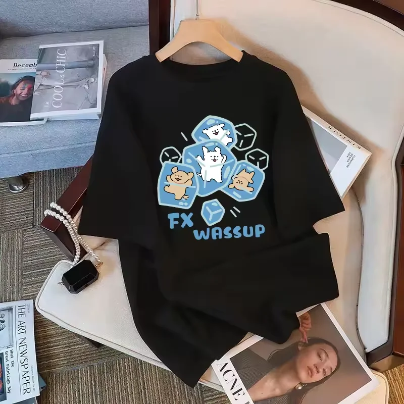 

Plus - Size Cute Dog & Ice Cube Pattern T-shirt with Cropped Black Sleeves