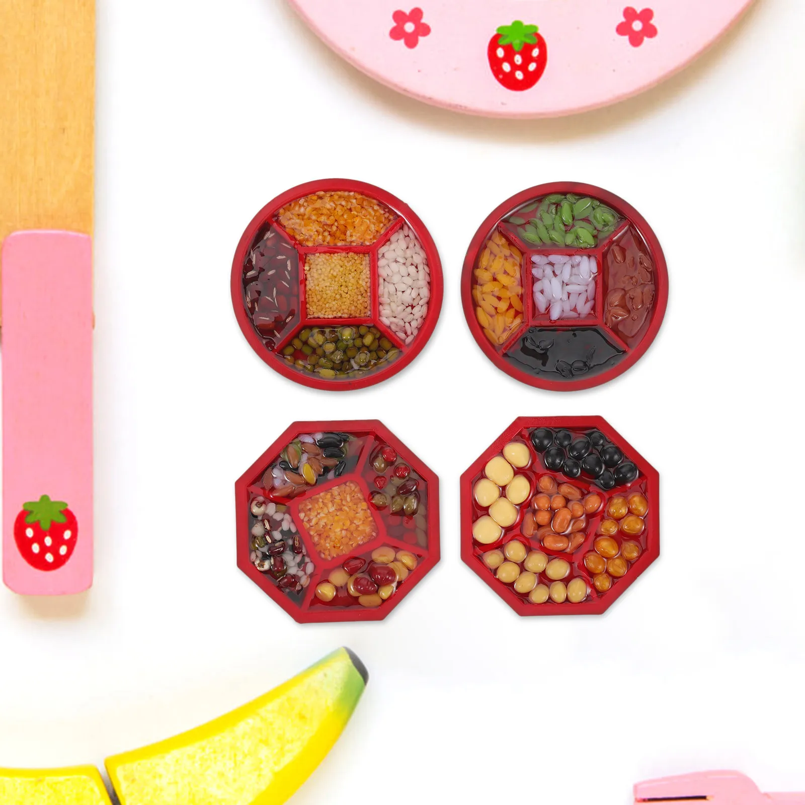 

4pcs Miniature Food Dollhouse Accessories Realistic Rice Grain Display Plate For Dollhouse Kitchen Fake Food Props Simulation