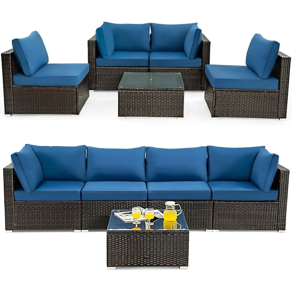 

5-Piece Outdoor L-Shaped Rattan Sofa Set with Cushions, Navy Blue, Ideal for Patio, Garden, and Poolside