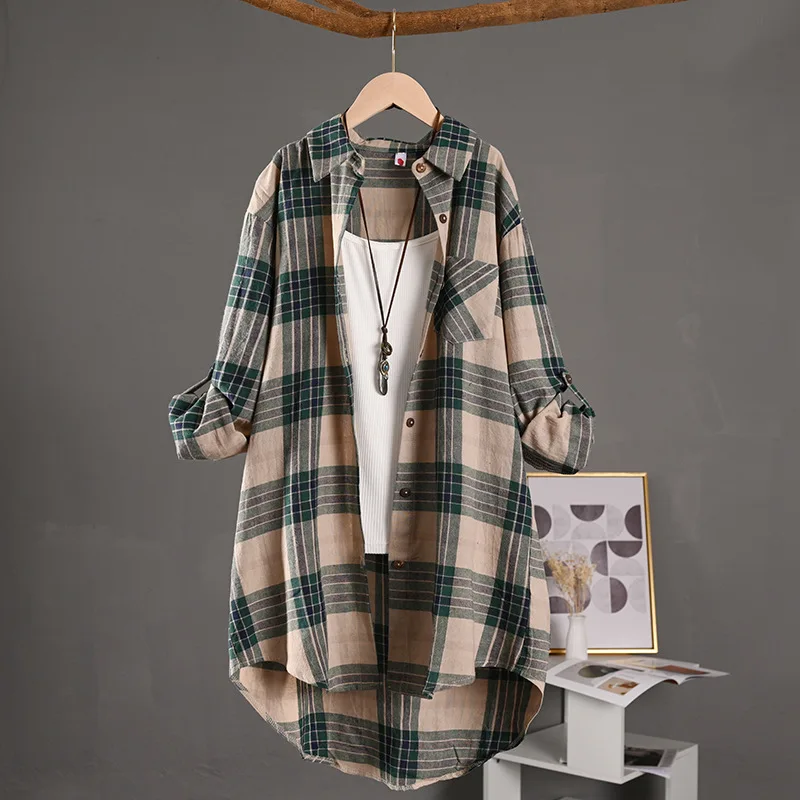 Spring/Summer 2025 Stylish Women's Button-up Shirt with Plaid Pattern, Medium Length Sun Protection and Loose Fit