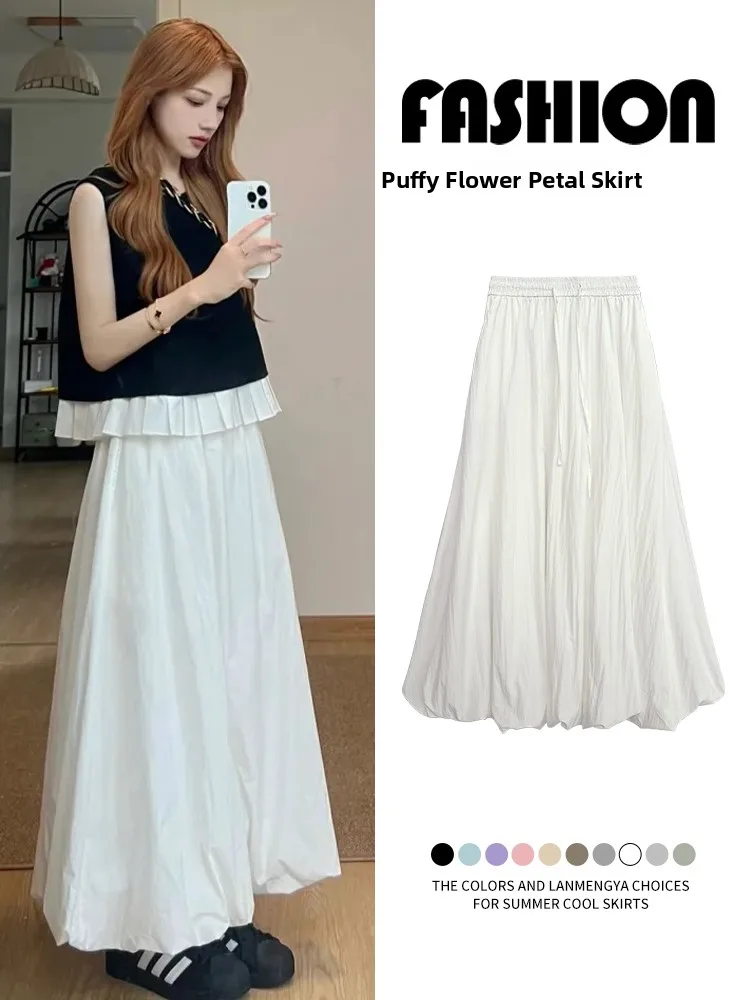 

White Flower Bud f Skirt Women's Summer Thin Small Size Gentle Cloud Pattern High Waist Slim A-Line Puffy Skirt