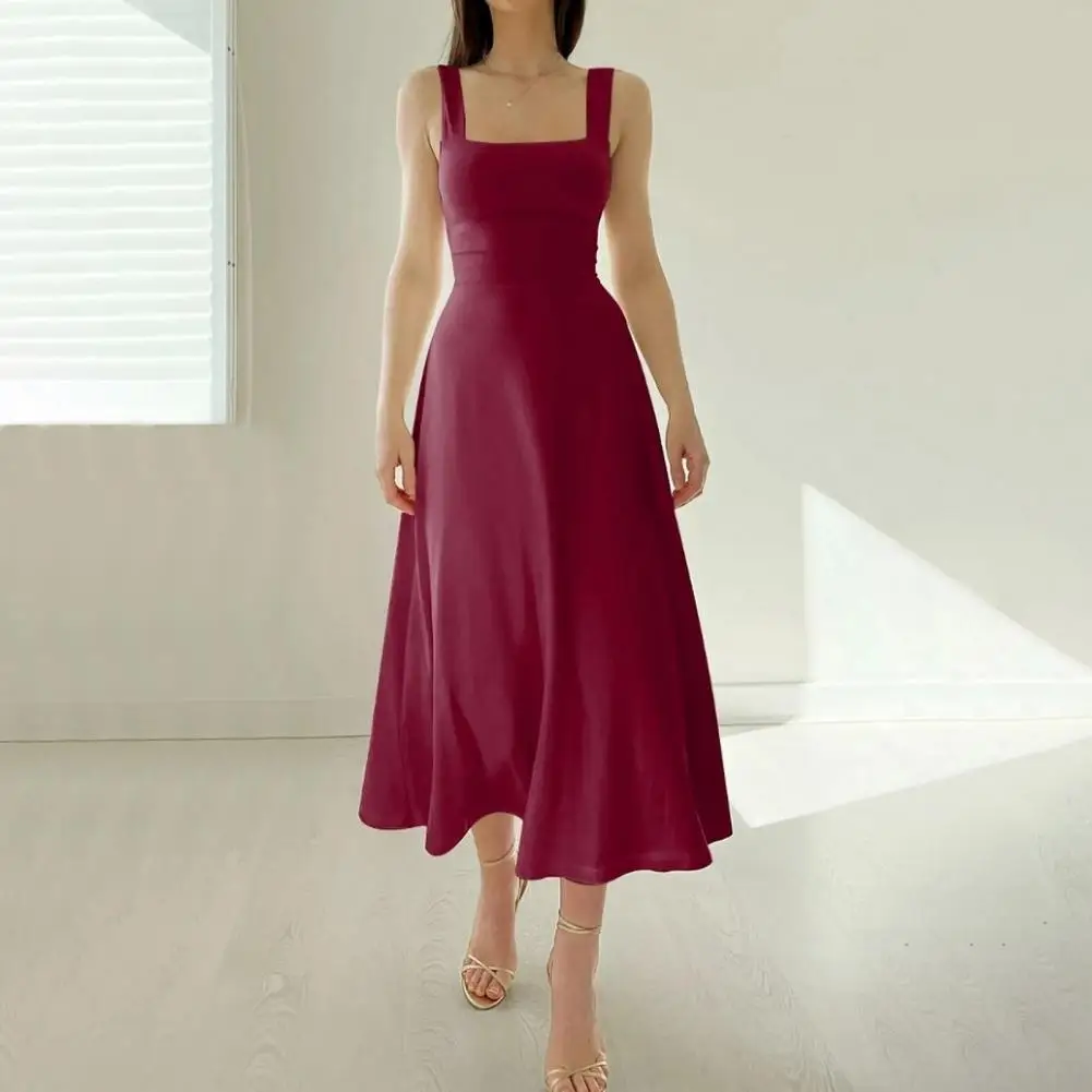 Dress Elegant Square Neck Midi Dress for Women A-line Flowy Hem Backless Dress with High Waist for Ol Commuting Dating Prom