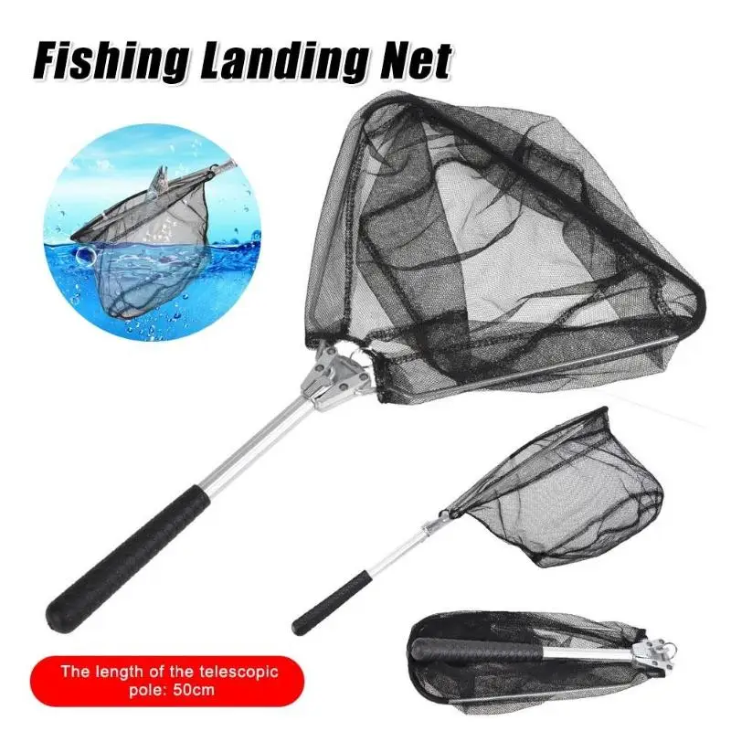 New 50cm Foldable Fishing Net Retractable Stainless Steel Fishing Net Triangular Pole Folding Fly Landing NetAcc