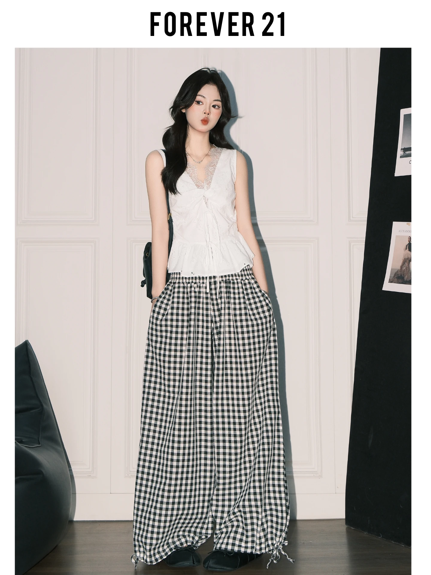 Calças Casuais Femininas Forever 21 de Cintura Alta, Perna Larga e Solta, Estampa Xadrez Preto e Branco, Efeito Emagrecedor, Novo Estilo de Verão, Confortáveis e de Caimento Solto