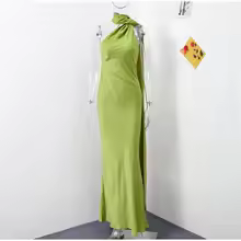 Wedding Guest Dresses Ribbon Halter Off Shoulder Maxi Dress - Green