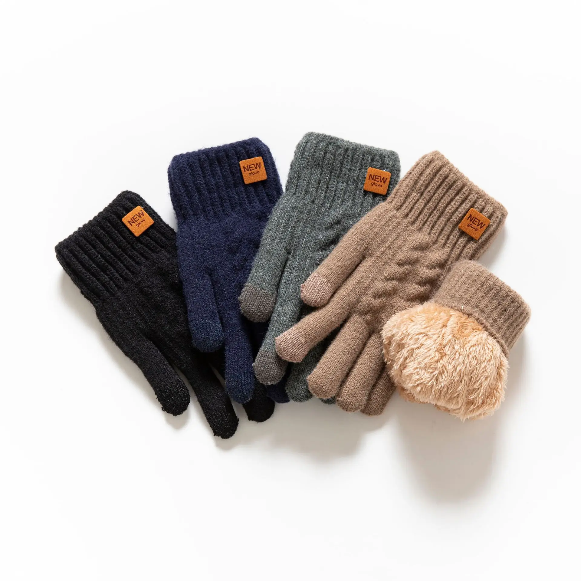 Men Women Winter Touchscreen Gloves Double-Layer Thickened Warm Knit Gloves Students Boy Girl Five-Finger Gloves Outdoor Sports