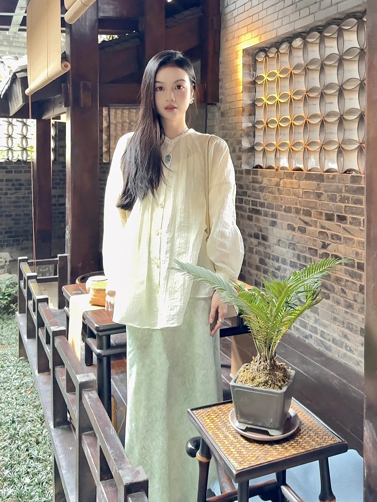 

FPOH Gentle Elegant Fairy New Chinese Style Ultra Fairy National Style Women's Shirt Loose Fit with Tie round Neck Long Sleeve