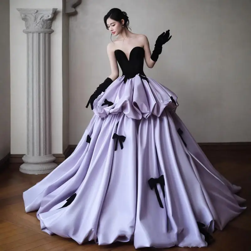 Strapless Flower Bud Evening Dress High-end New Style Three-dimensional Bow Socialite Temperament Light Luxury Dress Customized