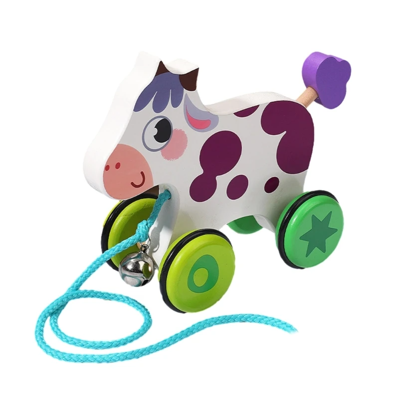 Coche tracción madera colorido para niños, juguete dibujos animados animales, carrito timbre W3JF