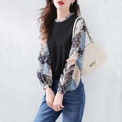 Fashion Knit Chiffon Patchwork Fake Two Pieces Shirt Women 2023 Spring New Casual Loose Lantern Long Sleeve Ruffled Neck Blouse