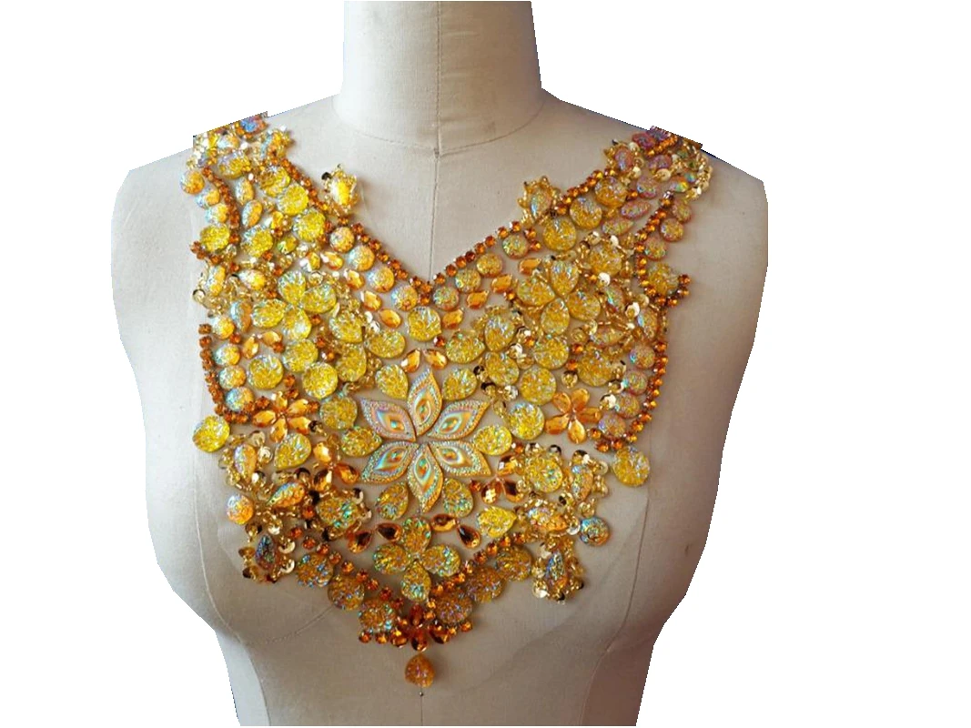 

ZBROH Handmade crystal patches sew on golden Rhinestones applique with stones sequins beads 35*24cm for top dress