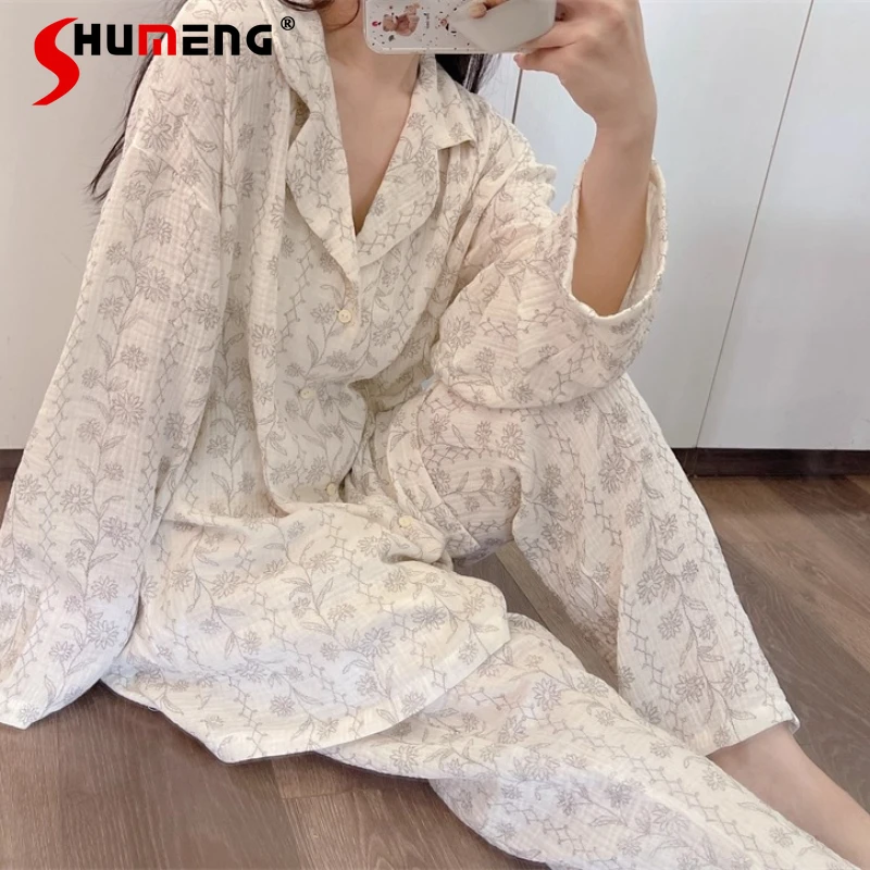 

Pure Cotton Elegant Flower Pajama Sets for Women Loose Long Pants Homewear Set Female Japanese Style Print Loungewear Suits
