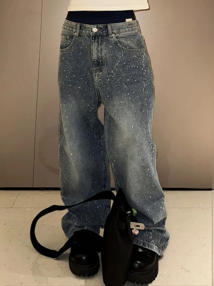 

Мужские широкие джинсы прямого кроя с ретро-дизайном и стразами, свободные, роскошные, модные, осенние, из плотного денима