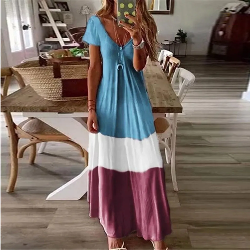 2024 Herbst Sommer Patchwork Frauen langes Kleid lässig Kurzarm V-Ausschnitt Kleider weibliche Mode trend ige lose Strand kleidung