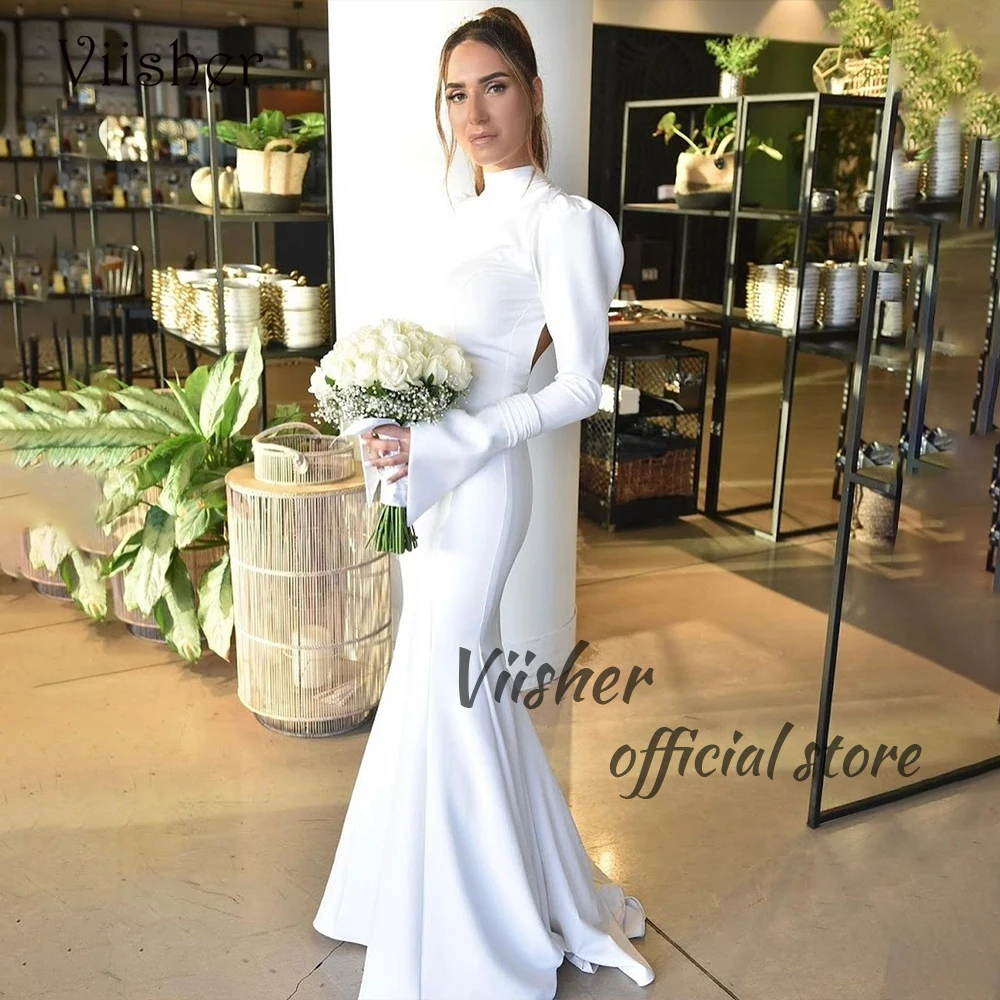 

White Satin Mermaid Wedding Dresses Long Sleeve High Neck Beach Bride Dress Simple Civil Wedding Gowns for Bride Backless