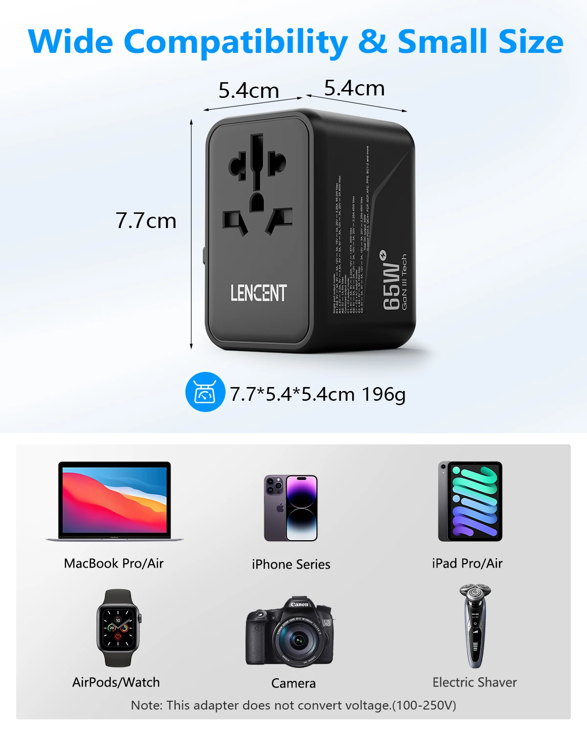 Uniwersalny adapter podróżny GaN LENCENT 65 W z 2 portami USB + 2 szybkie ładowanie typu C z wtyczką EU/UK/USA/AUS do podróży