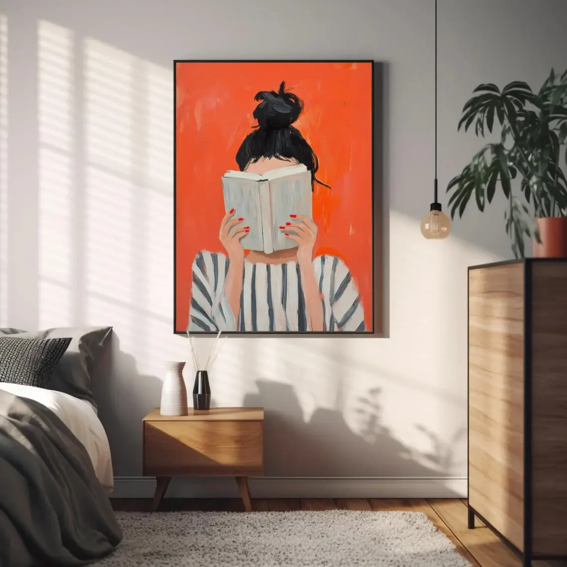 Reading Woman Art Print | Book Poster | Feminine Cozy Wall Art | Bold Orange Art Print | Abstract Contemporary Portrait Art image 3